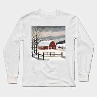 Minimalist Scandinavian Art Rustic Winter Farm Country Red Barn Long Sleeve T-Shirt